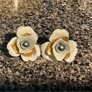 Elegant White and Gold Floral Earrings Clip Ons